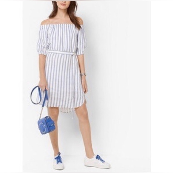 Michael Kors Striped Off the shoulder 100% Linen Dress Size Xs - Picture 2 of 11